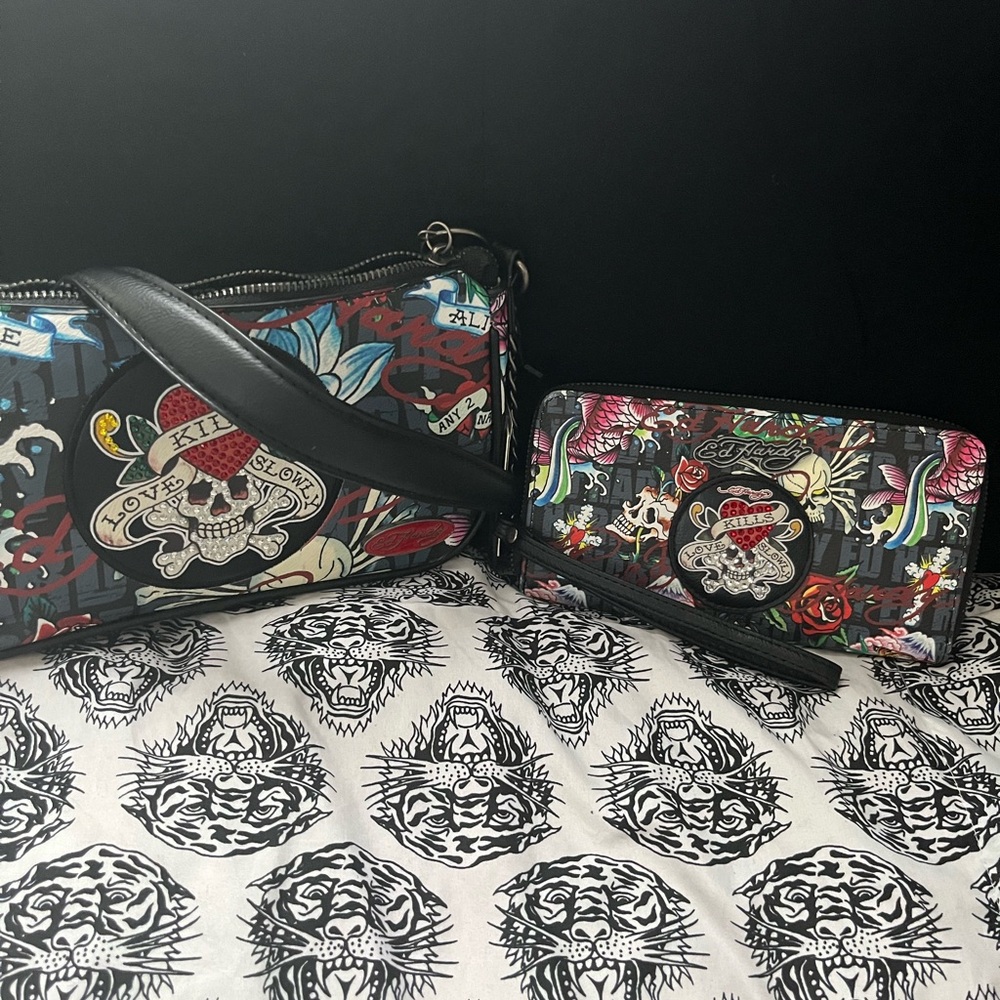 Ed Hardy Black and Red Graphic Crossbody Bag